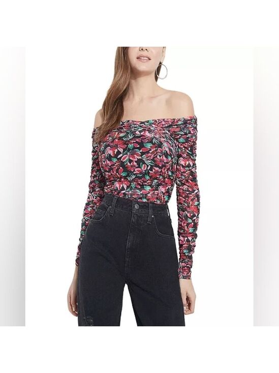 Guess Tops - Guess Florencia Pink Floral Ruched Off Shoulder Top Medium